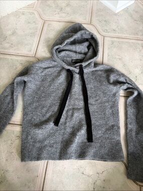 Banana Republic Gray Hooded Cashmere-Blend Sweater with Black Drawstrings